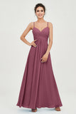 Vestido de dama de honor de gasa con tirantes finos y largo hasta los tobillos, fruncido, formal, de noche 