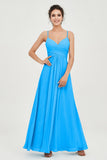 Vestido de dama de honor de gasa con tirantes finos y largo hasta los tobillos, fruncido, formal, de noche 