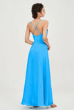 Vestido de dama de honor de gasa con tirantes finos y largo hasta los tobillos, fruncido, formal, de noche 
