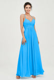 Vestido de dama de honor de gasa con tirantes finos y largo hasta los tobillos, fruncido, formal, de noche 