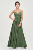 Vestido de dama de honor de gasa con tirantes finos y largo hasta los tobillos, fruncido, formal, de noche 