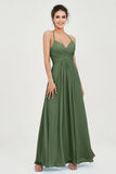 Vestido de dama de honor de gasa con tirantes finos y largo hasta los tobillos, fruncido, formal, de noche 