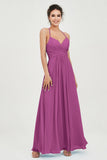 Vestido de dama de honor de gasa con tirantes finos y largo hasta los tobillos, fruncido, formal, de noche 