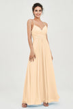 Vestido de dama de honor de gasa con tirantes finos y largo hasta los tobillos, fruncido, formal, de noche 