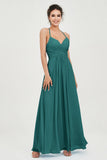 Vestido de dama de honor de gasa con tirantes finos y largo hasta los tobillos, fruncido, formal, de noche 