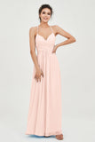 Vestido de dama de honor de gasa con tirantes finos y largo hasta los tobillos, fruncido, formal, de noche 