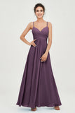 Vestido de dama de honor de gasa con tirantes finos y largo hasta los tobillos, fruncido, formal, de noche 