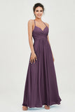 Vestido de dama de honor de gasa con tirantes finos y largo hasta los tobillos, fruncido, formal, de noche 