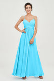 Vestido de dama de honor de gasa con tirantes finos y largo hasta los tobillos, fruncido, formal, de noche 