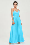 Vestido de dama de honor de gasa con tirantes finos y largo hasta los tobillos, fruncido, formal, de noche 