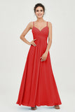 Vestido de dama de honor de gasa con tirantes finos y largo hasta los tobillos, fruncido, formal, de noche 
