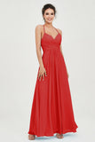 Vestido de dama de honor de gasa con tirantes finos y largo hasta los tobillos, fruncido, formal, de noche 