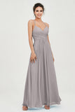 Vestido de dama de honor de gasa con tirantes finos y largo hasta los tobillos, fruncido, formal, de noche 