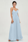 Vestido de dama de honor de gasa con tirantes finos y largo hasta los tobillos, fruncido, formal, de noche 