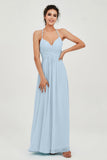 Vestido de dama de honor de gasa con tirantes finos y largo hasta los tobillos, fruncido, formal, de noche 