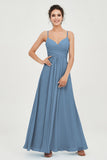 Vestido de dama de honor de gasa con tirantes finos y largo hasta los tobillos, fruncido, formal, de noche 