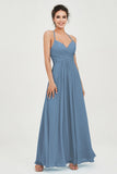 Vestido de dama de honor de gasa con tirantes finos y largo hasta los tobillos, fruncido, formal, de noche 