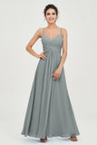 Vestido de dama de honor de gasa con tirantes finos y largo hasta los tobillos, fruncido, formal, de noche 