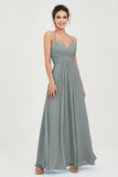 Vestido de dama de honor de gasa con tirantes finos y largo hasta los tobillos, fruncido, formal, de noche 