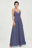 Vestido de dama de honor de gasa con tirantes finos y largo hasta los tobillos, fruncido, formal, de noche 