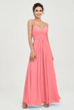 Vestido de dama de honor de gasa con tirantes finos y largo hasta los tobillos, fruncido, formal, de noche 