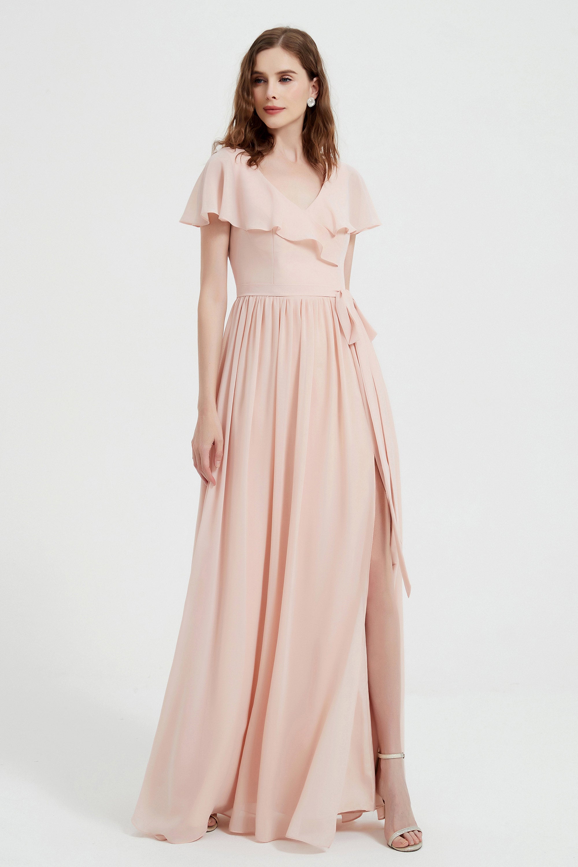 Flutter Sleeves Chiffon Bridesmaid Dress Natural A Line Formal Evening Dresses Gowns