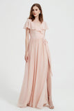 Flutter Sleeves Chiffon Bridesmaid Dress Natural A Line Formal Evening Dresses Gowns