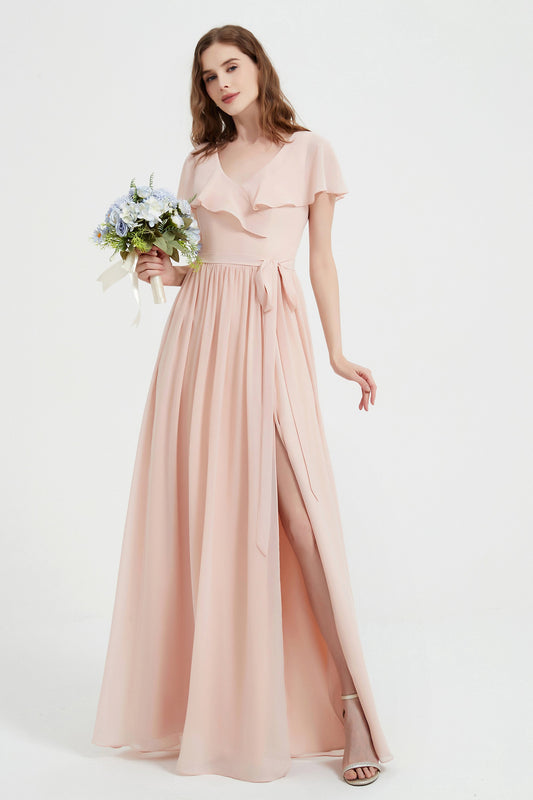 Flutter Sleeves Chiffon Bridesmaid Dress Natural A Line Formal Evening Dresses Gowns