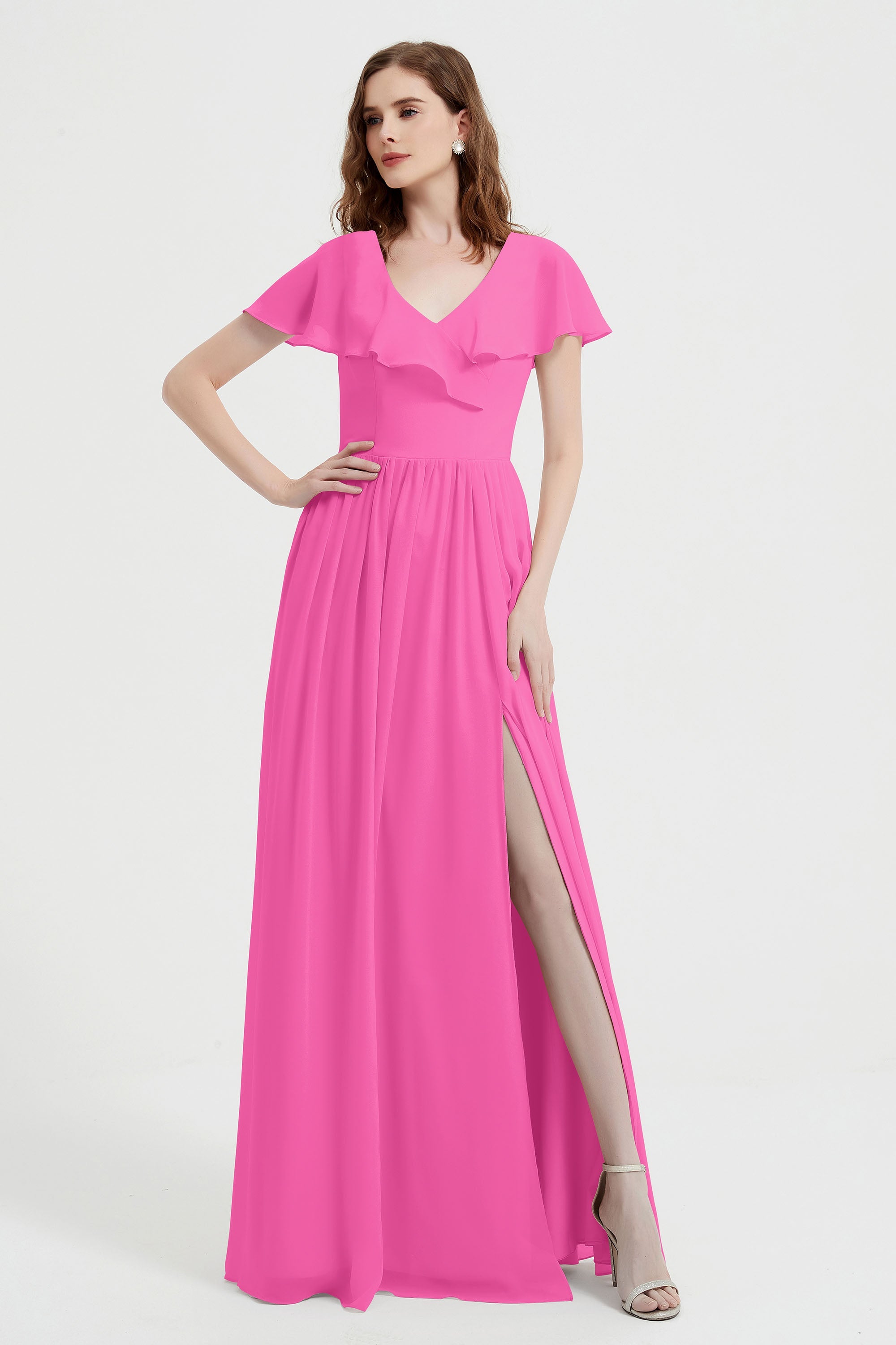 Flutter Sleeves Chiffon Bridesmaid Dress Natural A Line Formal Evening Dresses Gowns