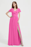 Flutter Sleeves Chiffon Bridesmaid Dress Natural A Line Formal Evening Dresses Gowns