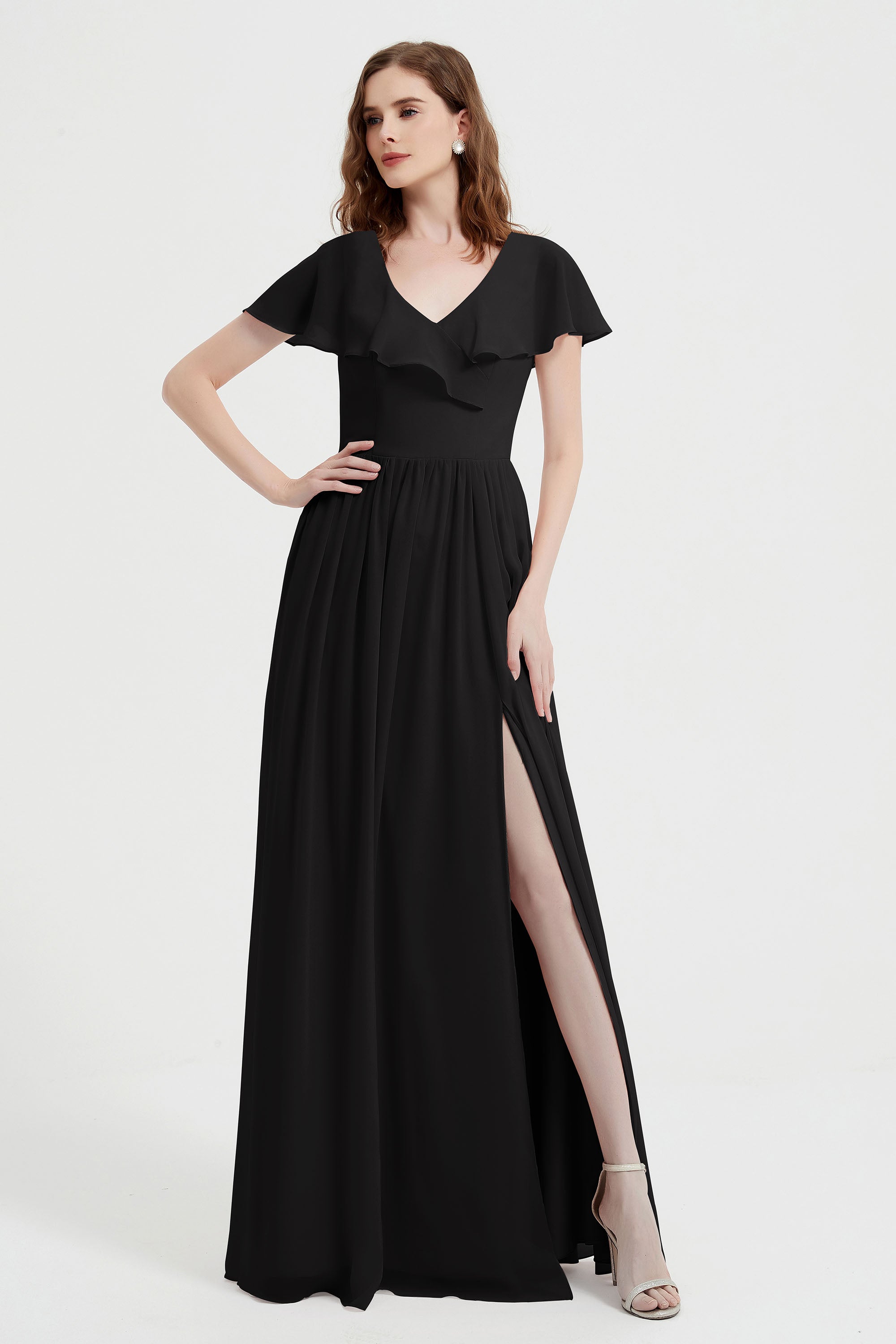 Flutter Sleeves Chiffon Bridesmaid Dress Natural A Line Formal Evening Dresses Gowns