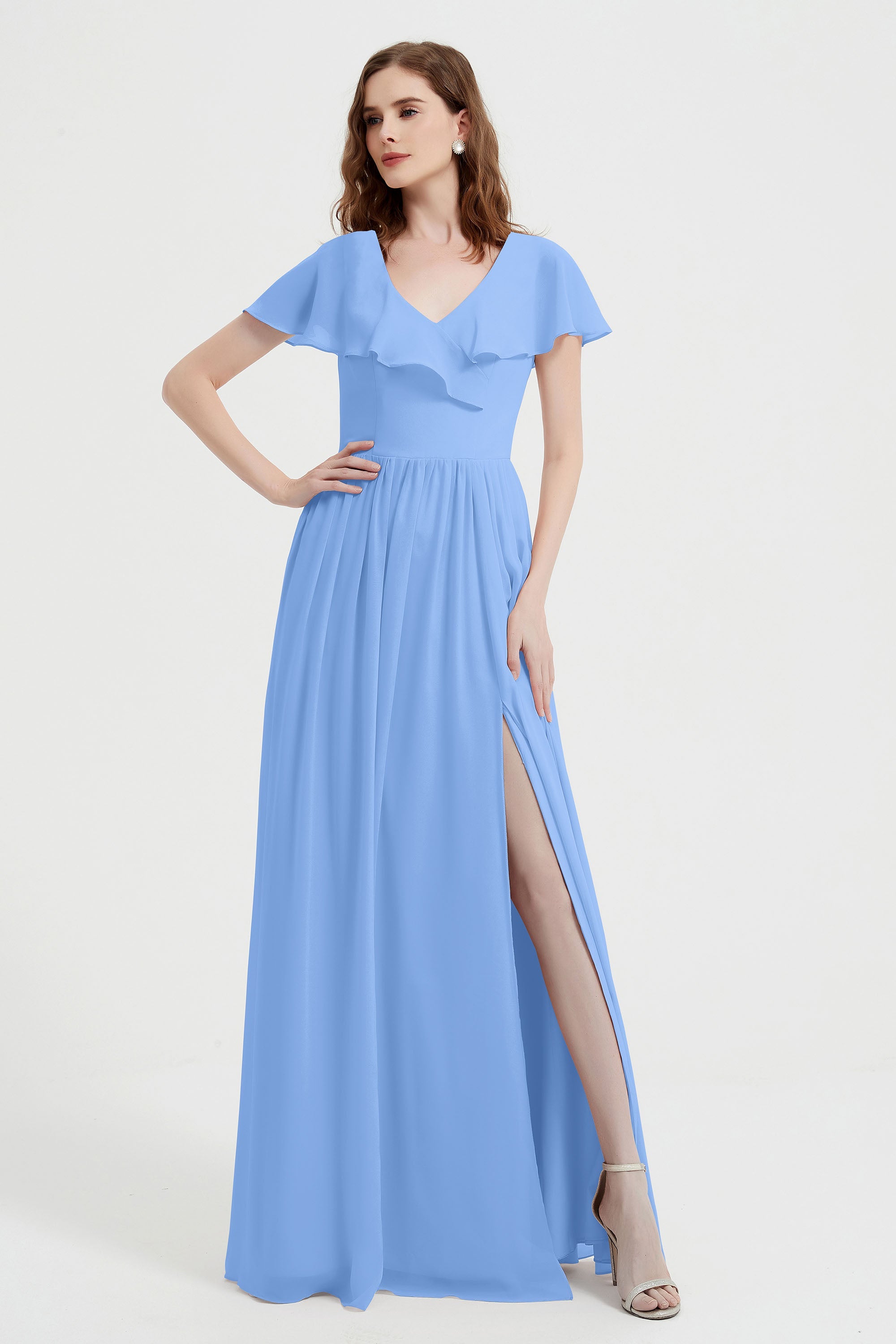 Flutter Sleeves Chiffon Bridesmaid Dress Natural A Line Formal Evening Dresses Gowns