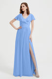 Flutter Sleeves Chiffon Bridesmaid Dress Natural A Line Formal Evening Dresses Gowns