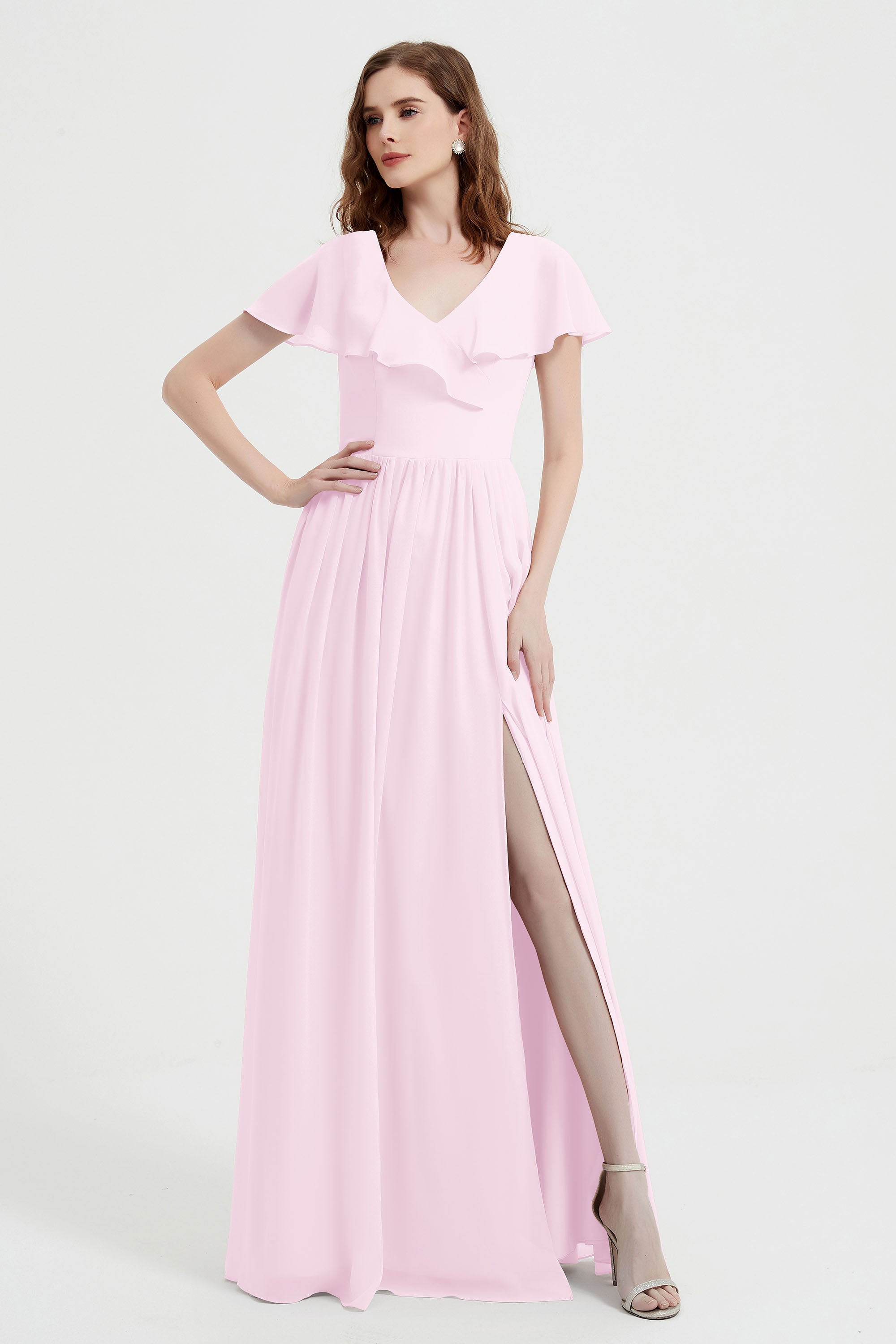 Flutter Sleeves Chiffon Bridesmaid Dress Natural A Line Formal Evening Dresses Gowns