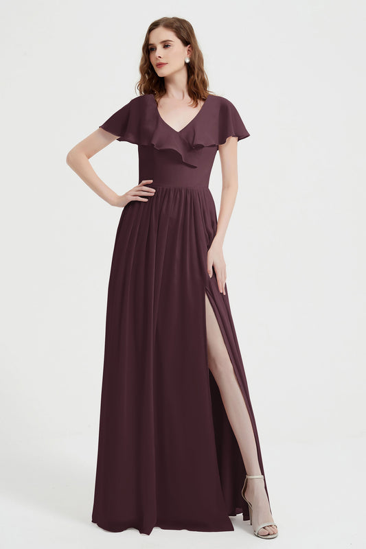 Flutter Sleeves Chiffon Bridesmaid Dress Natural A Line Formal Evening Dresses Gowns