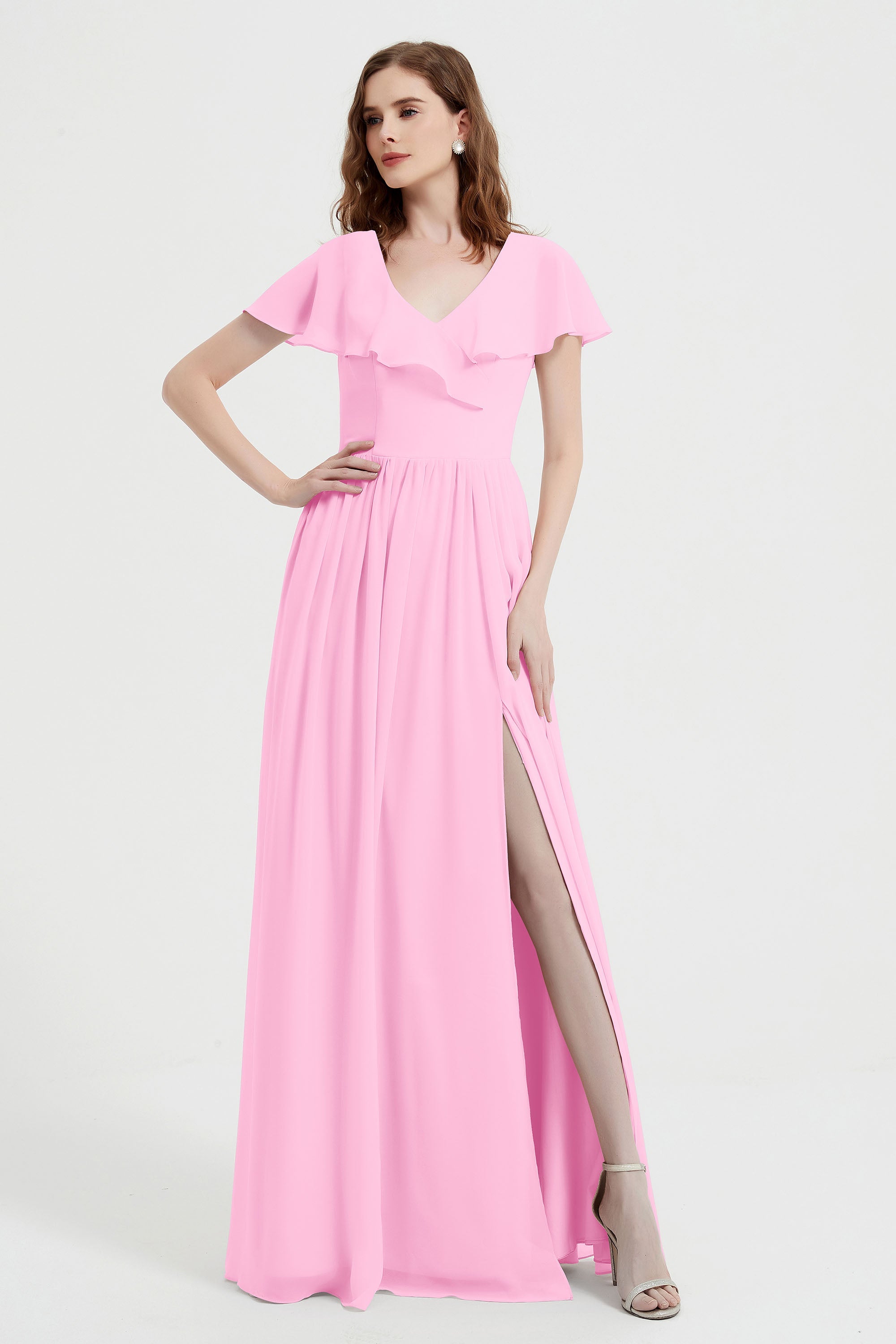 Flutter Sleeves Chiffon Bridesmaid Dress Natural A Line Formal Evening Dresses Gowns