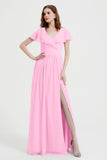 Flutter Sleeves Chiffon Bridesmaid Dress Natural A Line Formal Evening Dresses Gowns