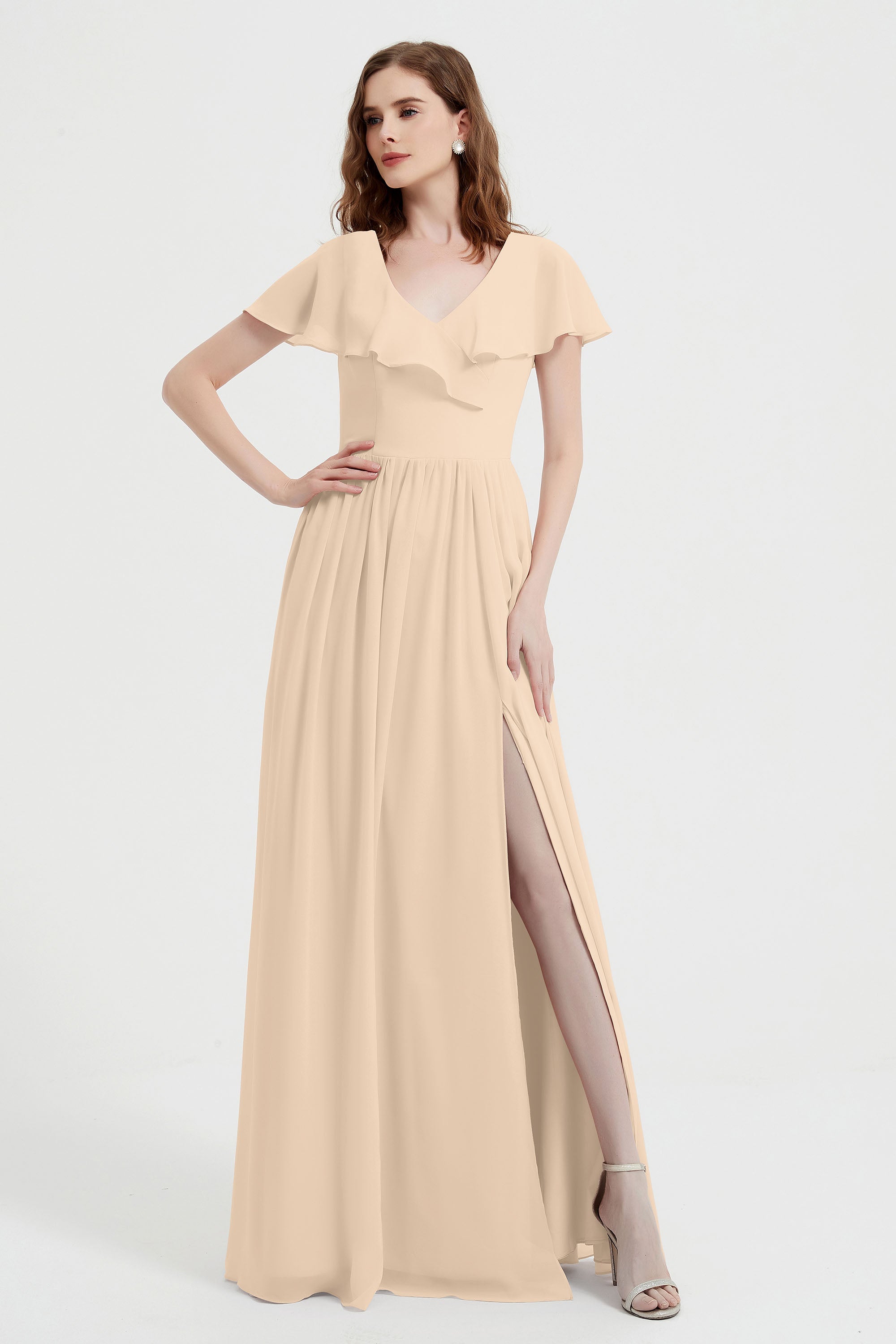Flutter Sleeves Chiffon Bridesmaid Dress Natural A Line Formal Evening Dresses Gowns