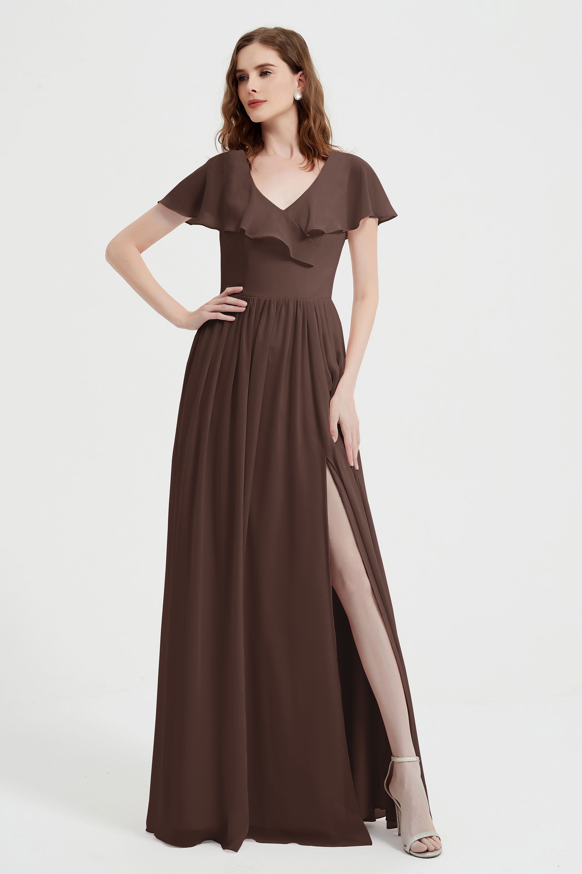 Flutter Sleeves Chiffon Bridesmaid Dress Natural A Line Formal Evening Dresses Gowns