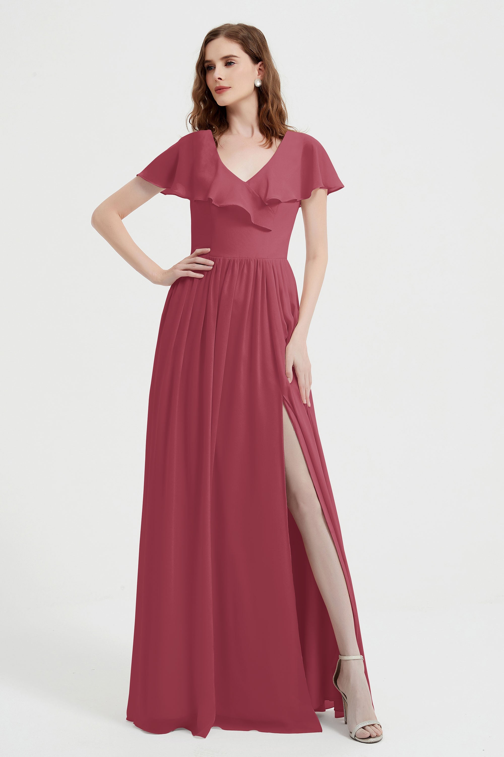 Flutter Sleeves Chiffon Bridesmaid Dress Natural A Line Formal Evening Dresses Gowns