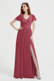 Flutter Sleeves Chiffon Bridesmaid Dress Natural A Line Formal Evening Dresses Gowns