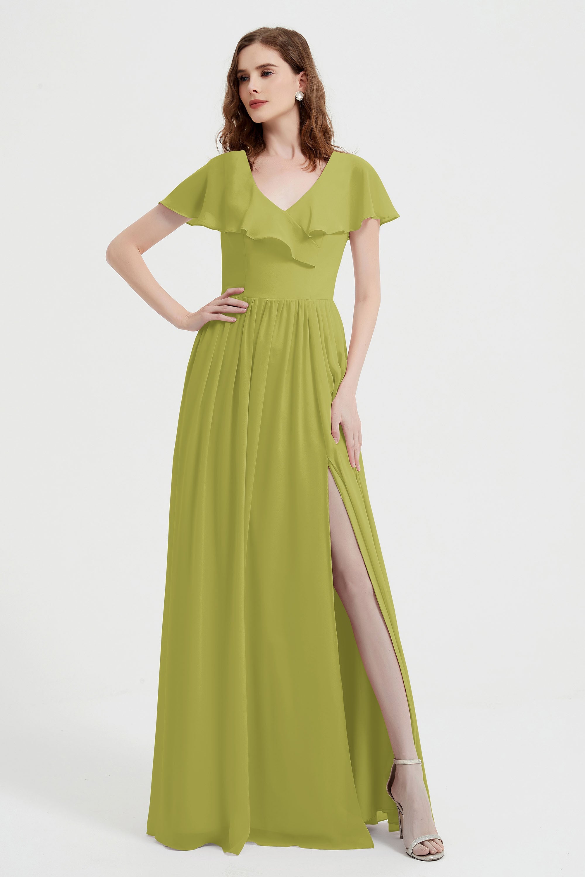 Flutter Sleeves Chiffon Bridesmaid Dress Natural A Line Formal Evening Dresses Gowns