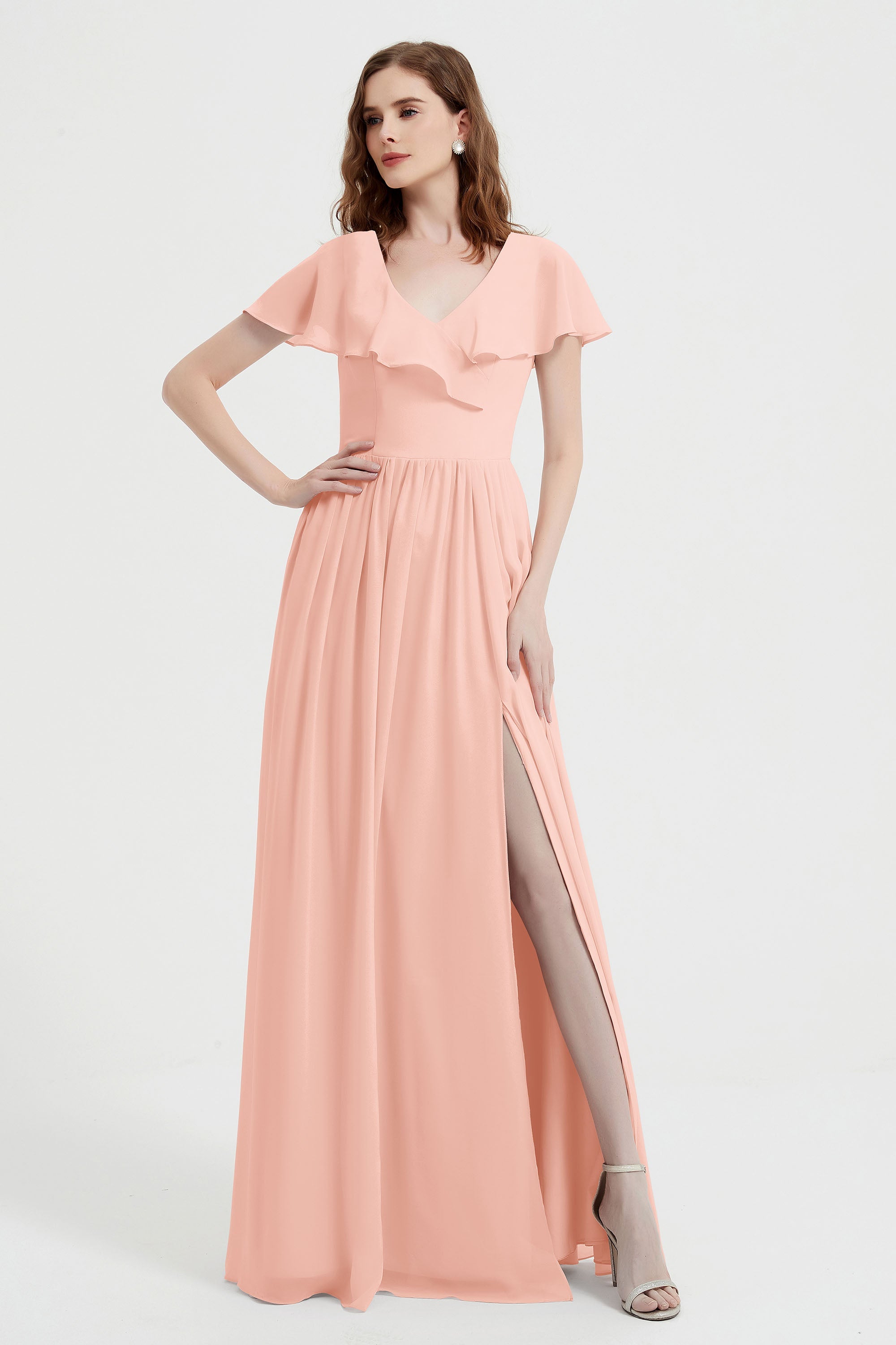 Flutter Sleeves Chiffon Bridesmaid Dress Natural A Line Formal Evening Dresses Gowns