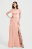 Flutter Sleeves Chiffon Bridesmaid Dress Natural A Line Formal Evening Dresses Gowns