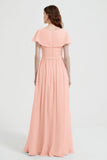 Flutter Sleeves Chiffon Bridesmaid Dress Natural A Line Formal Evening Dresses Gowns