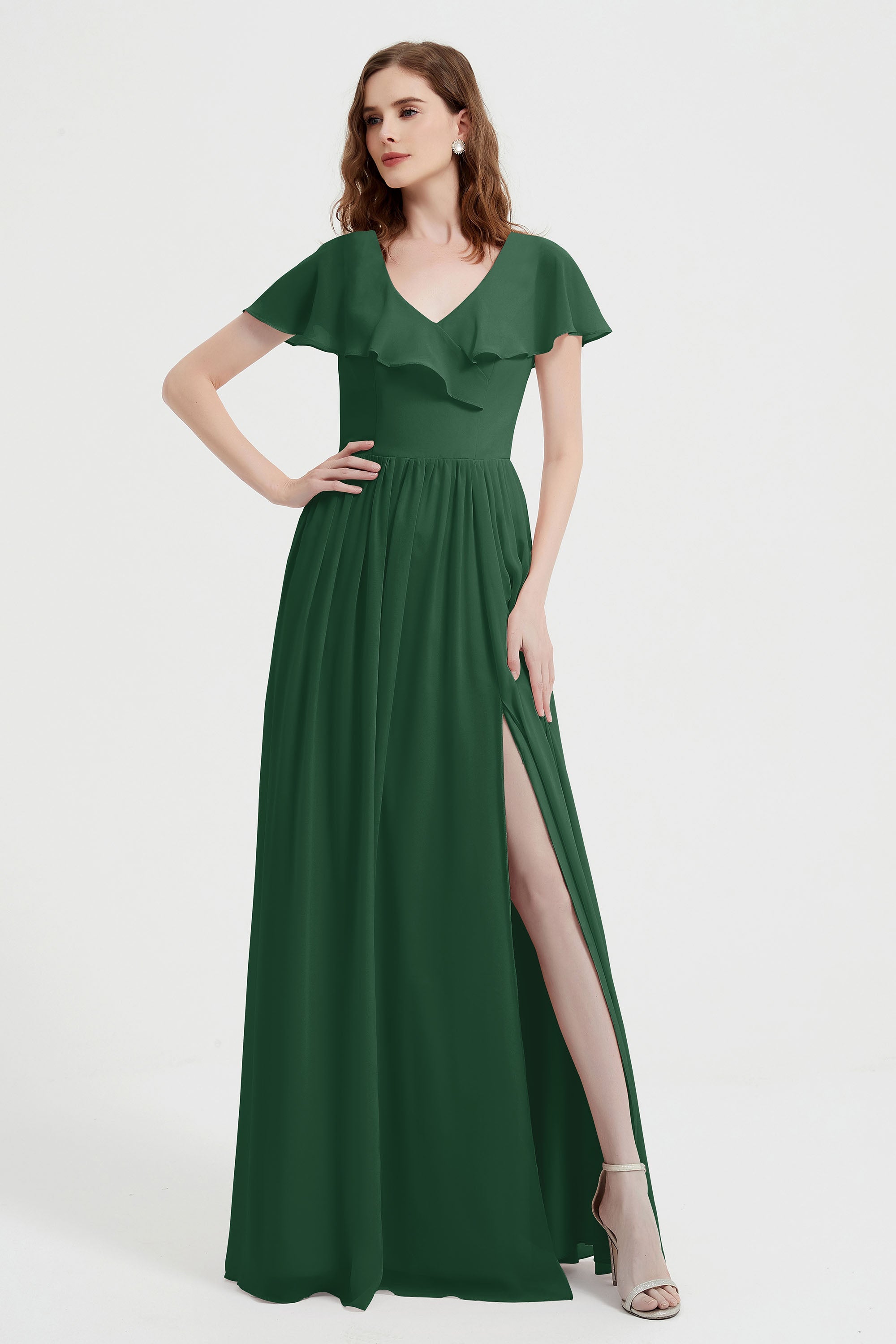 Flutter Sleeves Chiffon Bridesmaid Dress Natural A Line Formal Evening Dresses Gowns