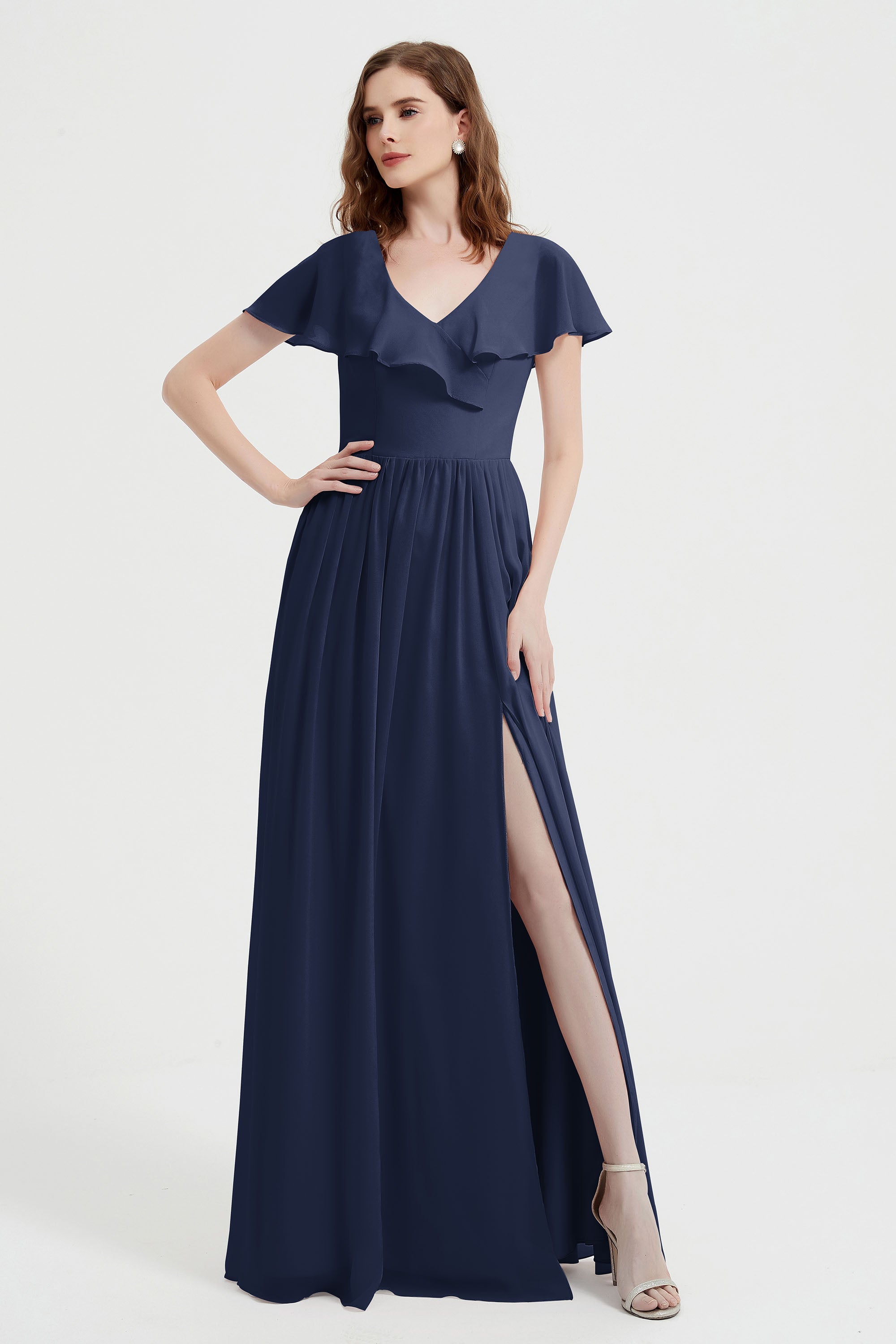 Flutter Sleeves Chiffon Bridesmaid Dress Natural A Line Formal Evening Dresses Gowns