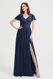 Flutter Sleeves Chiffon Bridesmaid Dress Natural A Line Formal Evening Dresses Gowns