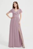 Flutter Sleeves Chiffon Bridesmaid Dress Natural A Line Formal Evening Dresses Gowns