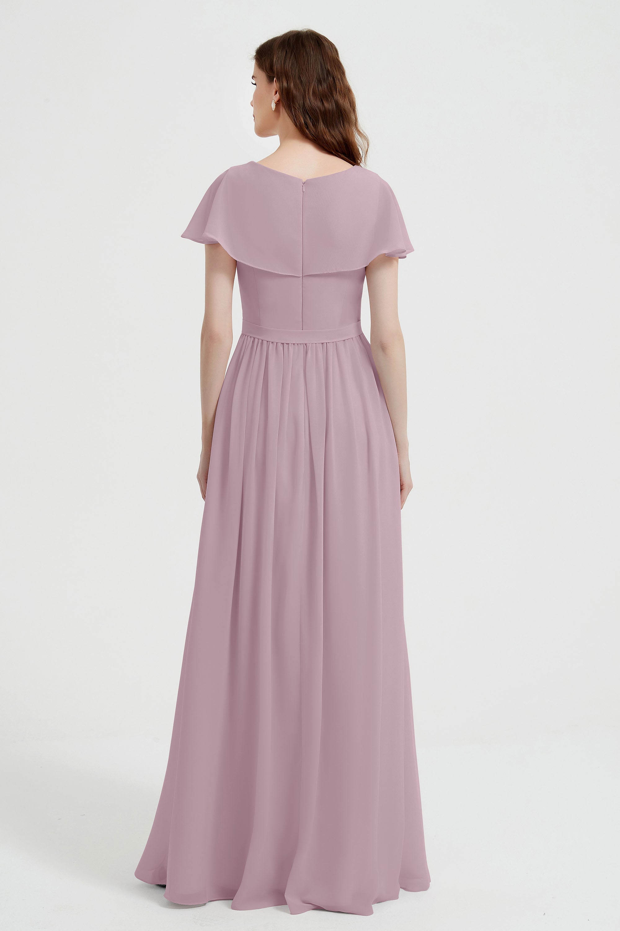 Flutter Sleeves Chiffon Bridesmaid Dress Natural A Line Formal Evening Dresses Gowns